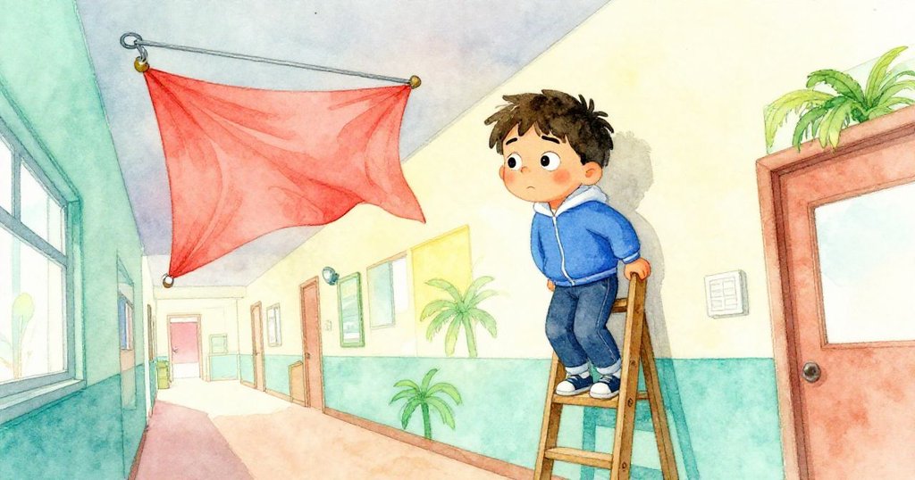 Leo在梯上努力穩住身軀,金屬掛鉤滑落導致橫幅低垂,他臉上流露驚訝與些微失落。