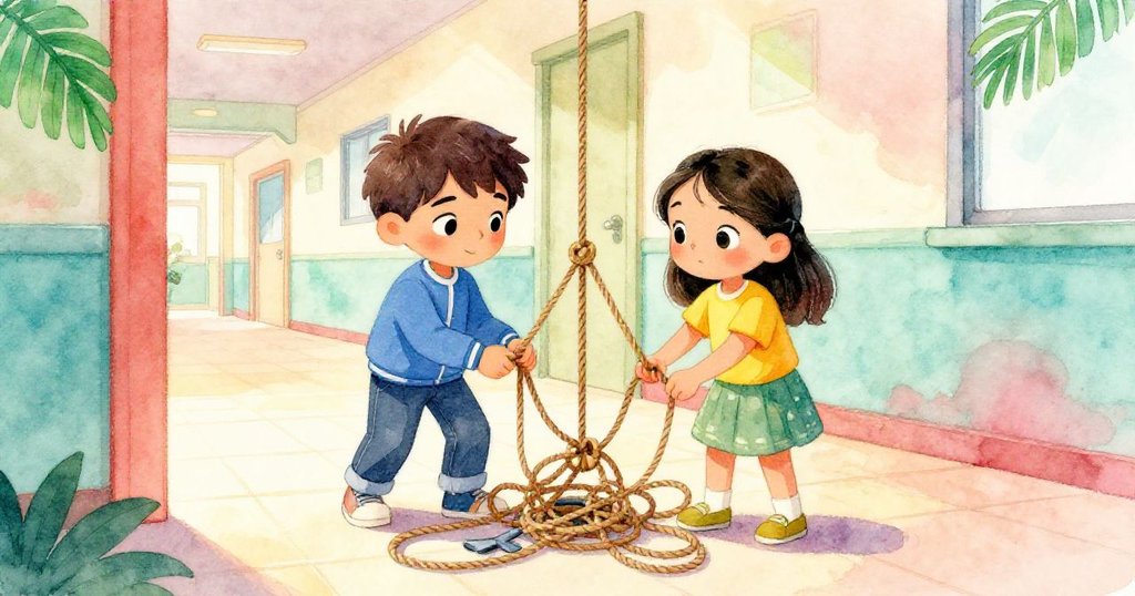 Leo和Maya在瓷磚地解決絞盤打結問題,雙手忙碌互助,表情專注中帶著些許挫敗。