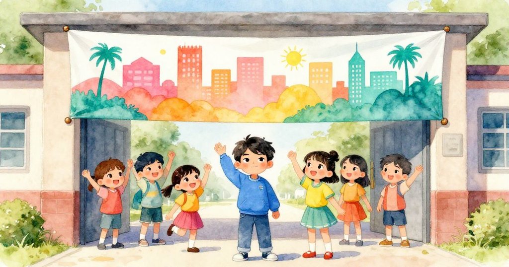 在學校門前,Leo和Maya自豪展示橫幅,彩色天際線吸引學生圍觀,歡笑與驚喜洋溢全場。