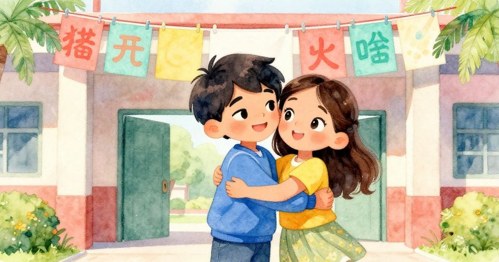 在校門前的暖陽下,Leo和Maya深情擁抱,橫幅平整鮮亮,他們臉上滿是喜悅與成就感。