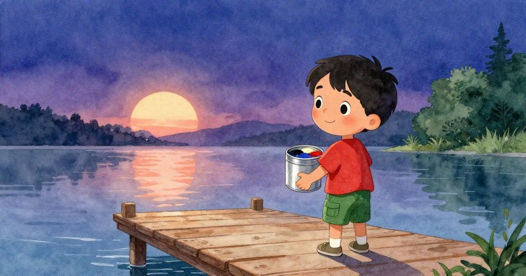 基安出現在靜謐的碼頭上，手持鮮豔油漆罐，晨曦映照下，充滿期待與平靜的心情。