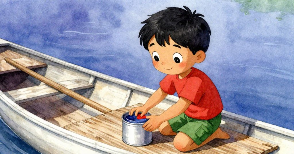 基安小心翼翼地將鮮亮油漆罐放在彎曲的木板上，晨光輕柔，展現物品細節與動作。