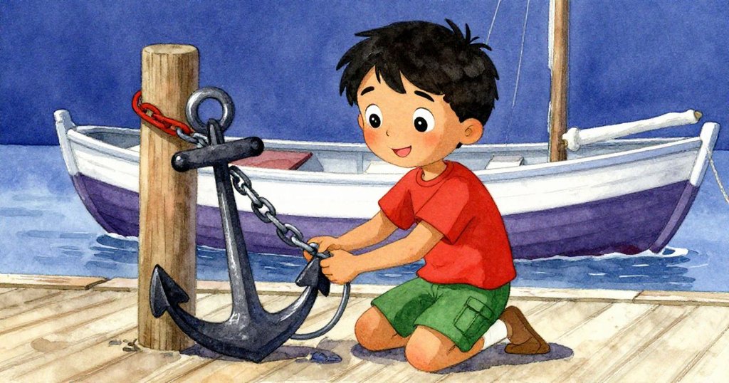 基安跪在柱邊，專注地綁上錨鏈，低角度突顯他堅定的神情，背景中輕搖的船隻與寧靜水面相襯。