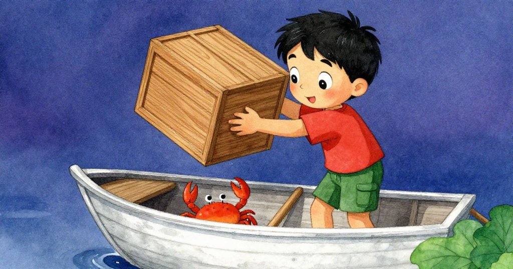 基安在移動木箱時發現一隻躲在下方的小螃蟹，驚訝神情與螃蟹揮爪動作充滿趣味與神秘感。