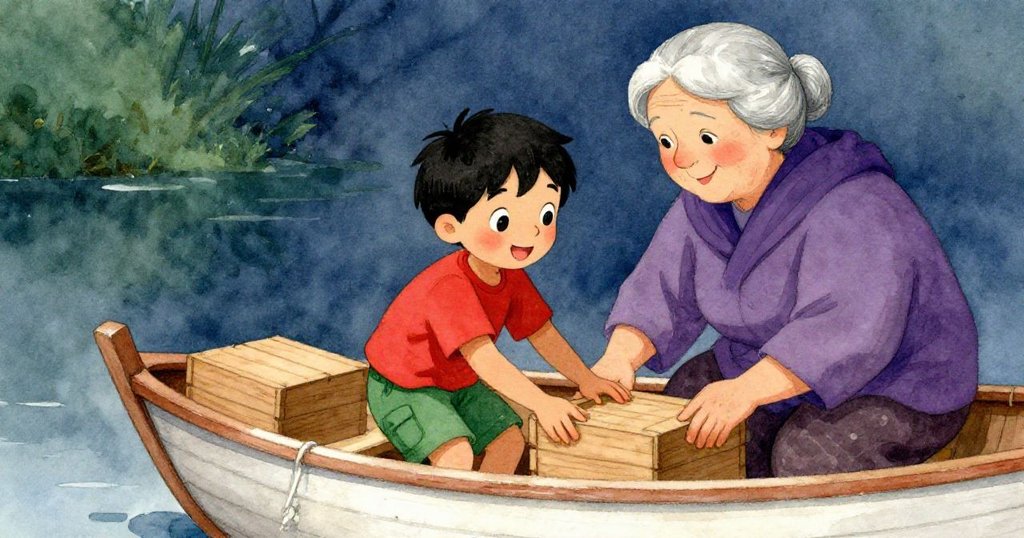 基安與祖母在搖晃的小船上協作調整木箱，兩人相視而笑，展現親情溫暖與默契配合。