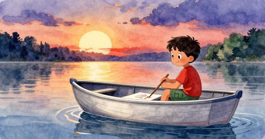 夕陽下基安站在小船旁，欣賞著完成的彩繪，平靜水面與金色餘暉帶來希望與滿足感。