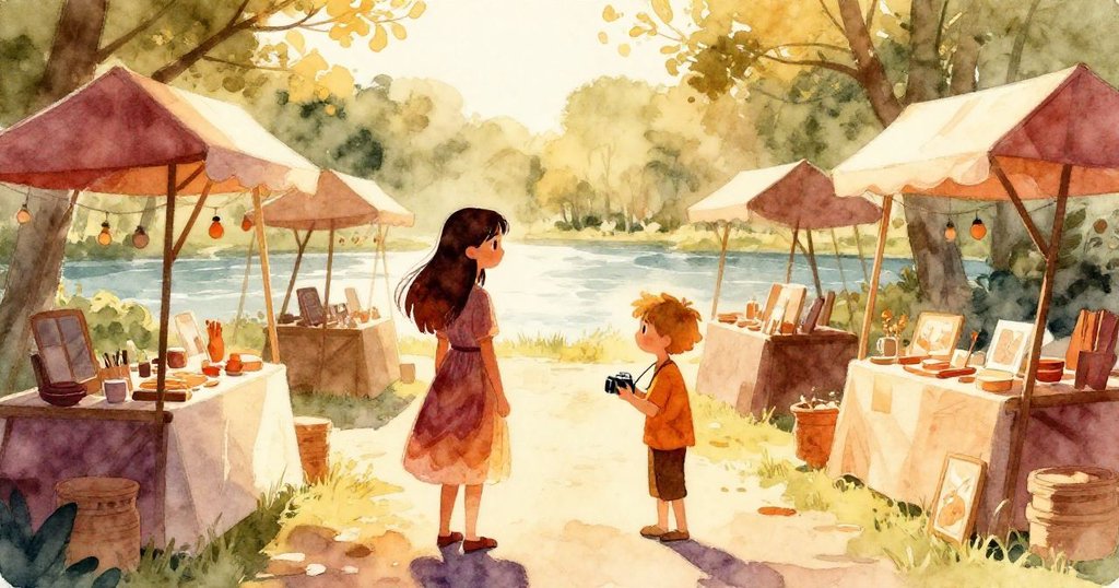 米拉與雷歐剪影走在手工藝市集旁,背景充滿暖陽與木造攤位,展現故事開端的溫馨氛圍