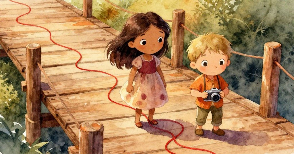 米拉與雷歐的鞋子踩在木板橋上,紅線滾動於鞋間,木質細節與暖陽營造出市集動感畫面