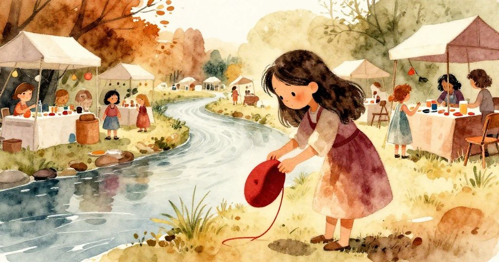 米拉在戶外市集彎腰拾起絨氈貝雷帽,暖陽映照木攤與緩慢河流,傳遞平靜與關懷