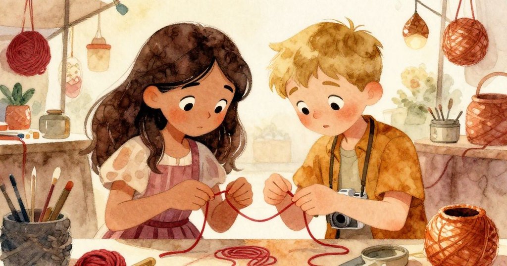 雷歐與米拉齊心協力解開糾纏紅線,表情專注展露內心掙扎與合作精神,現場溫暖且緊張