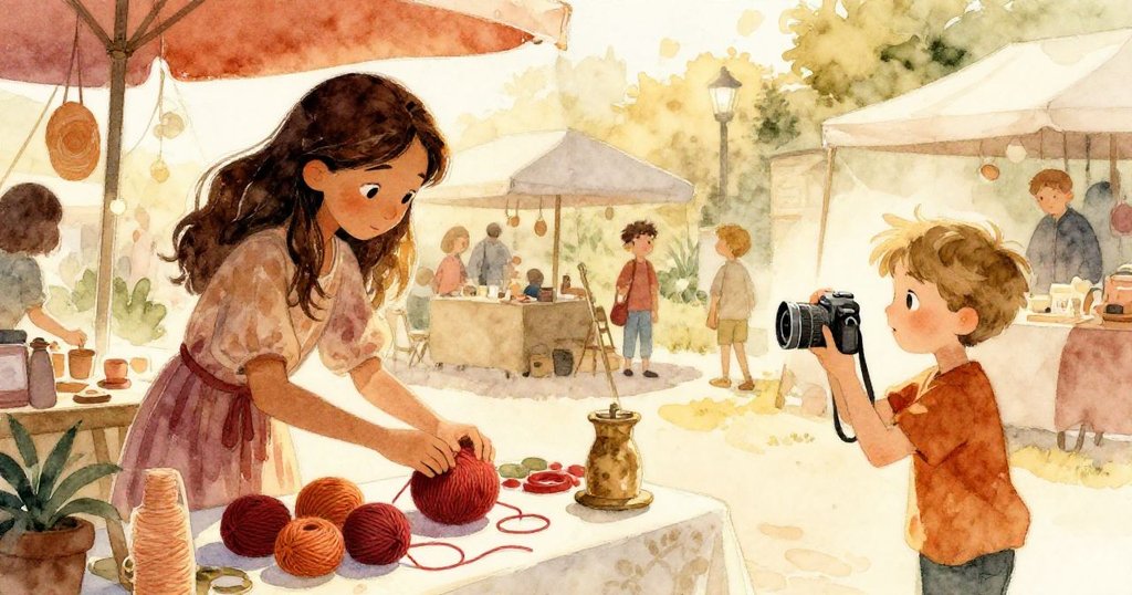 米拉將重新捲好的紅線置於攤桌上,雷歐捕捉最後寧靜瞬間,市集恢復秩序,充滿溫馨結局