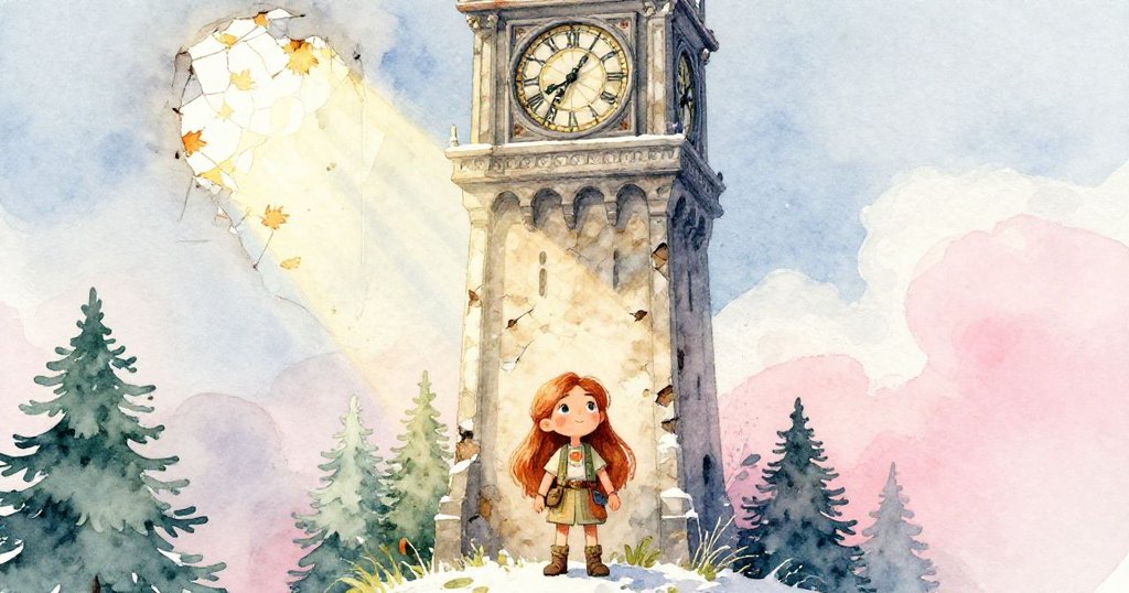 米拉站在破舊鐘樓前,手持寫生冊,秋風吹拂破窗透光,眼中流露探索與好奇之情。