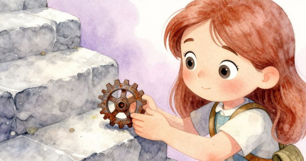 米拉專注凝視生鏽齒輪,輕觸石階遺跡,臉上透出堅毅與好奇,表情生動。