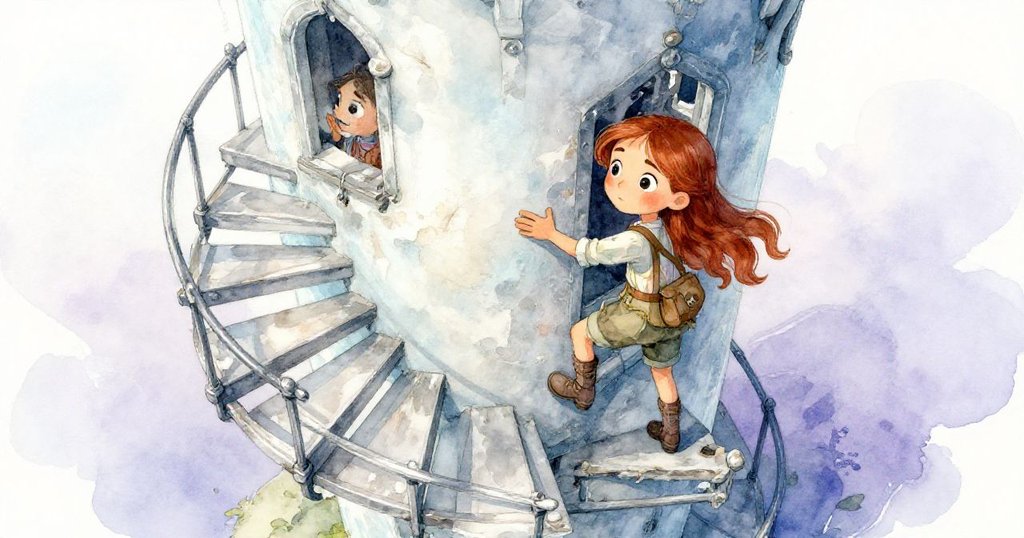 從高處俯視,米拉小心攀登破舊螺旋樓梯,每步充滿歷史痕跡,表情專注且略顯脆弱。