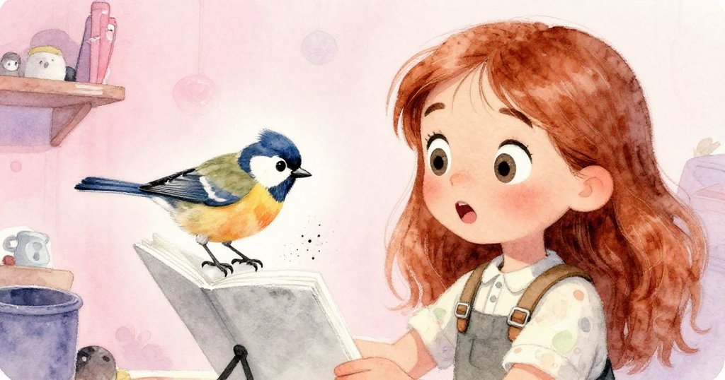 米拉驚喜表情映在特寫鏡頭中,手握寫生冊細節豐富,鳥兒降臨瞬間散落炭粉,情感交織迷人。