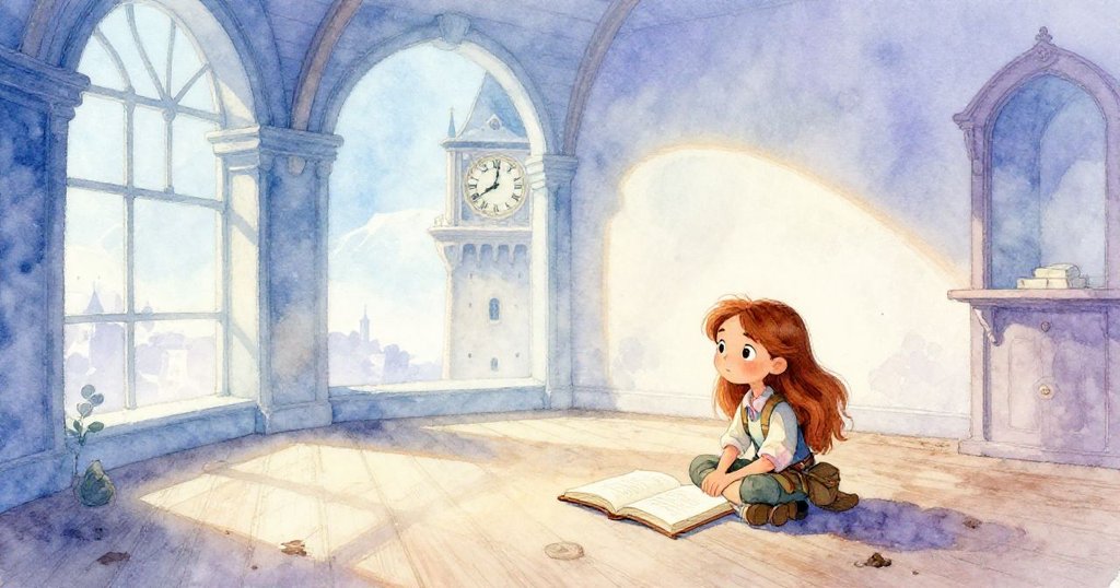 米拉靜坐於塵封木地板上,柔和陽光灑落室內,沉思過往探險經歷,寫生冊平放揭示神秘與安寧。