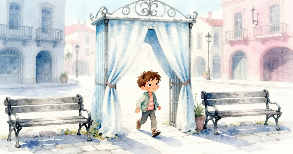 米羅充滿好奇地跨過掛布點綴的拱門，斜陽映照古老廣場，石板路與磨損長椅襯出歷史韻味。