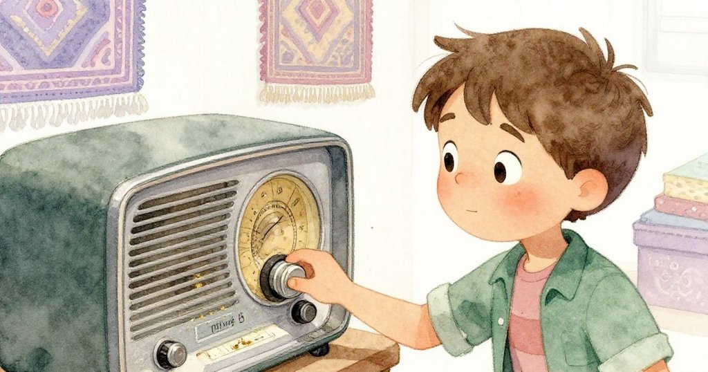 米羅專注觸摸古舊收音機，輕轉生鏽旋鈕，周圍堆著老舊箱子，散發神秘懷舊氣息。