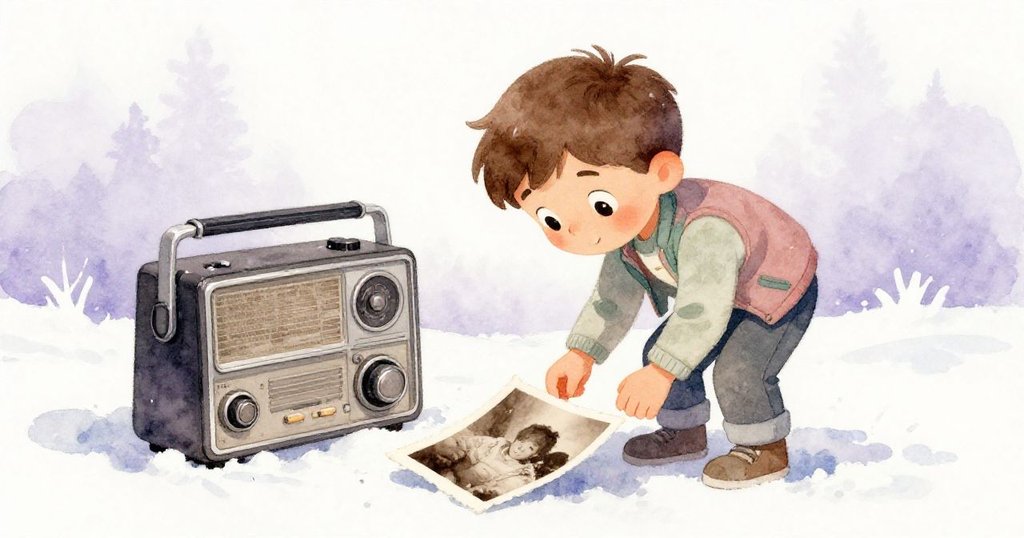 米羅彎腰查看從收音機滑落的舊照片，專注神情中流露出對時光流轉與記憶的深思。