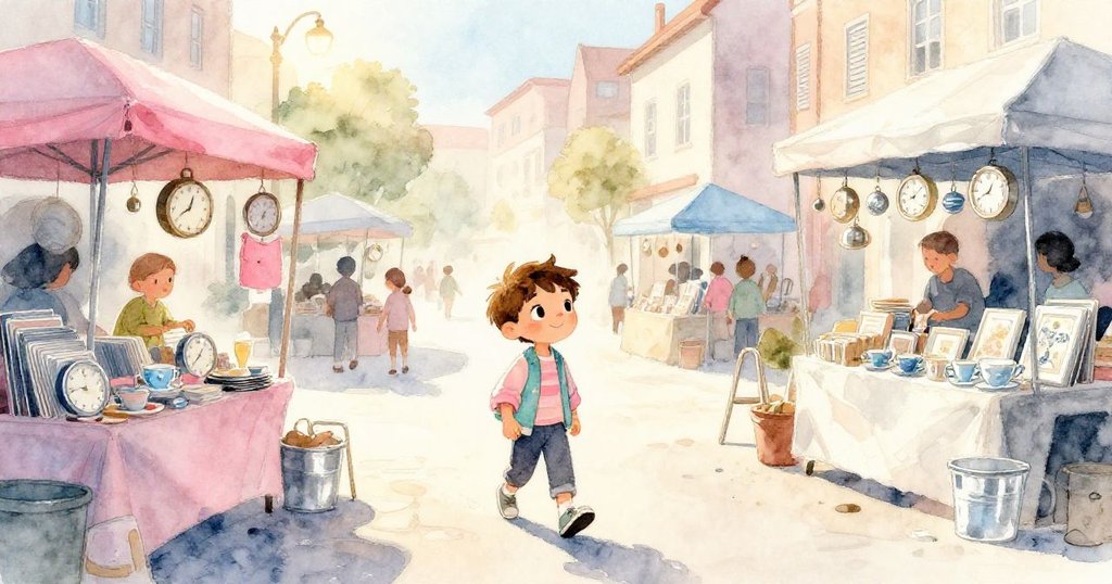 米羅穿越熱鬧市集，攤位上陳列著時鐘與唱片，斜陽灑下溫暖光芒，他追尋著神秘音樂。