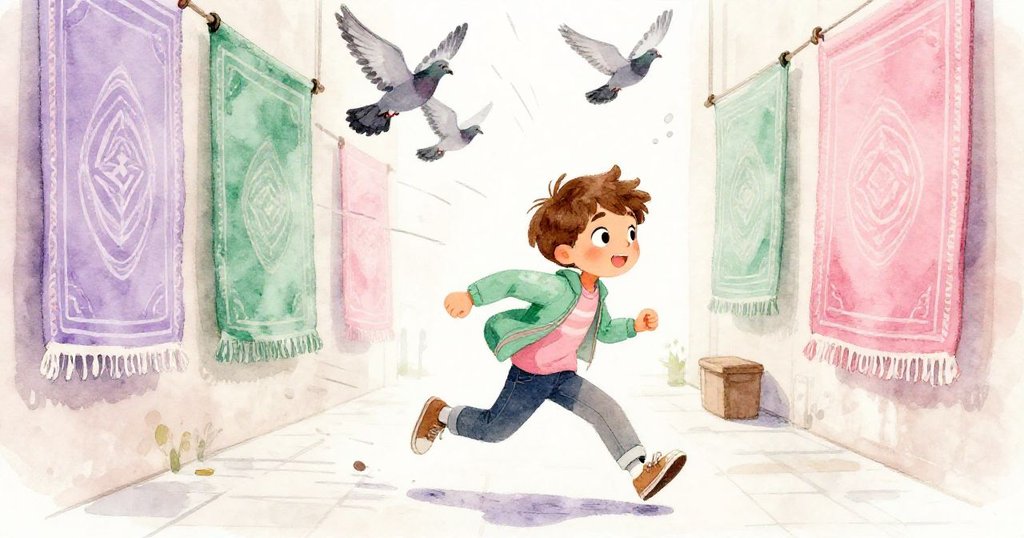 米羅急速穿過掛布走廊，鴿子振翅飛舞，行人驚訝回眸，音符般的律動充滿動感氛圍。