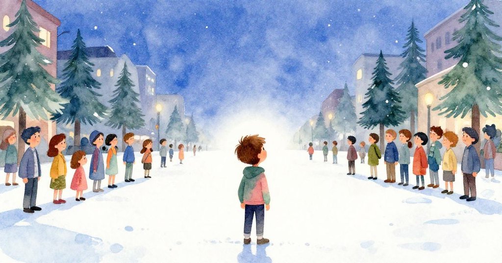 米羅站在開闊廣場邊緣凝視前方新路，夕陽淡藍映襯下，他滿懷希望期待未知旅程。