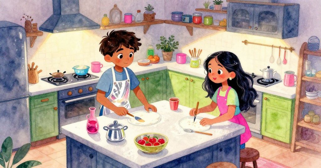 Kiran與Maya在溫暖廚房準備鬆餅，從鳥瞰角度展現窗外夕陽與撒粉麵台動感氛圍