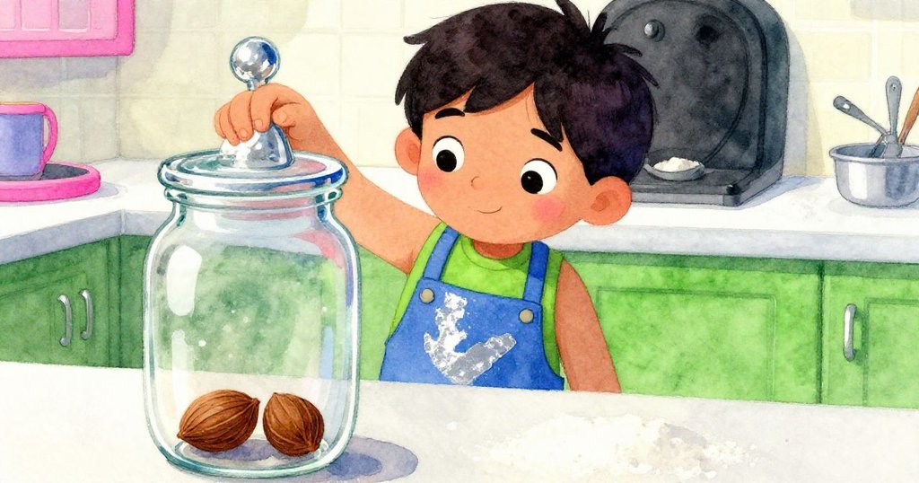 Kiran專注檢查香料瓶內僅有兩顆肉桂粒，迅速取用肉豆蔻，刻畫溫馨廚房細節與精巧靈動