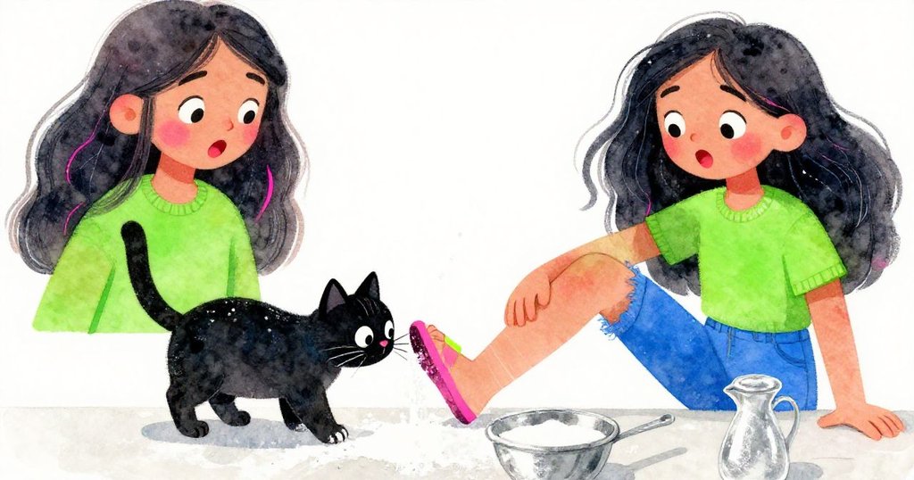 Maya以第一視角驚訝見家貓蹭腳引起糖灑滿桌面，表情生動刻劃廚房突發小狀況