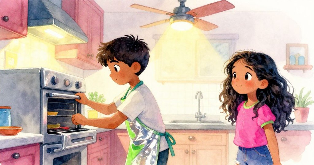 Maya與Kiran集中精力處理卡住的烤箱門，暖光與扇影襯托出合作與決心的廚房情景