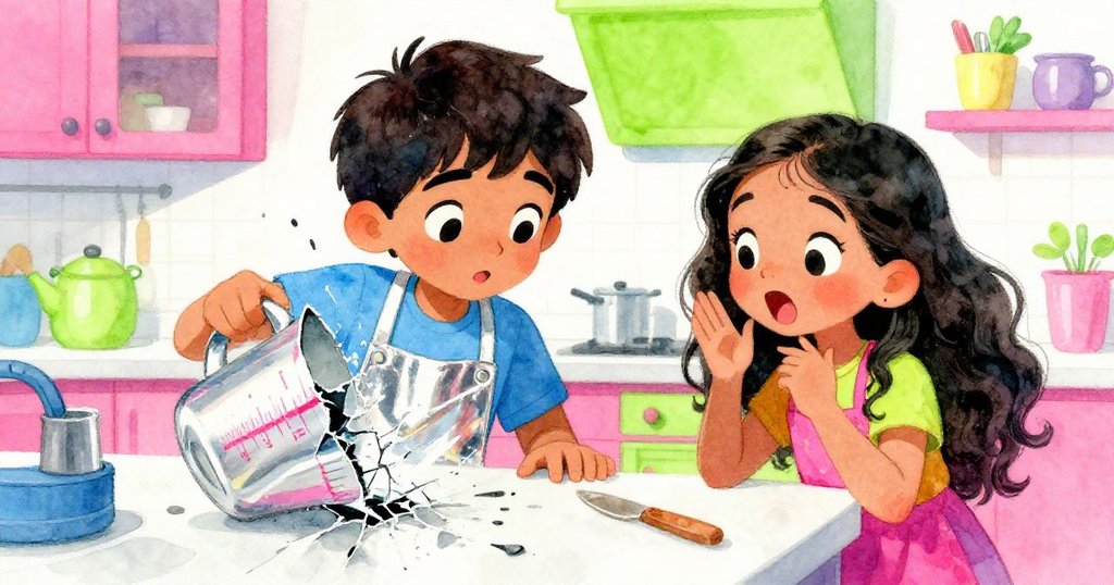 Kiran與Maya在烤箱開門瞬間捕捉破損量杯觸發的驚訝笑意，細膩呈現廚房緊湊且趣味一刻