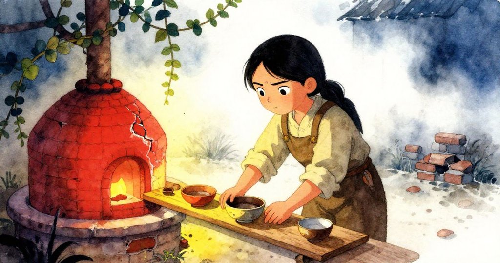 清晨薄霧中，Mira在庭院排列淺碗，背景有老窯、藤蔓與破裂磚牆，神情專注而溫柔。