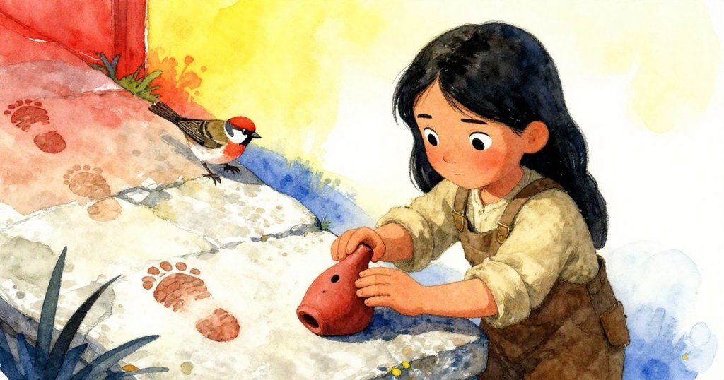 Mira輕觸石板上層疊的泥跡與陶笛，背景有歷史足跡與採草的小麻雀，呈現季節更替的痕跡。