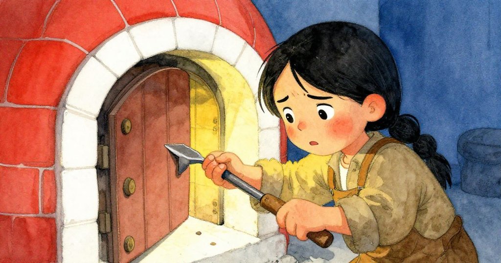 Mira集中精神以鑿子撬開膨脹木門，臉上堅毅混合著些微疼痛，細節清晰呈現動作與情感。