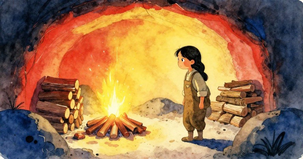 Mira走進窯內，面對灰燼堆與松木柴燃起火花，神情充滿驚奇與期待，隱秘空間流露溫暖氣息。