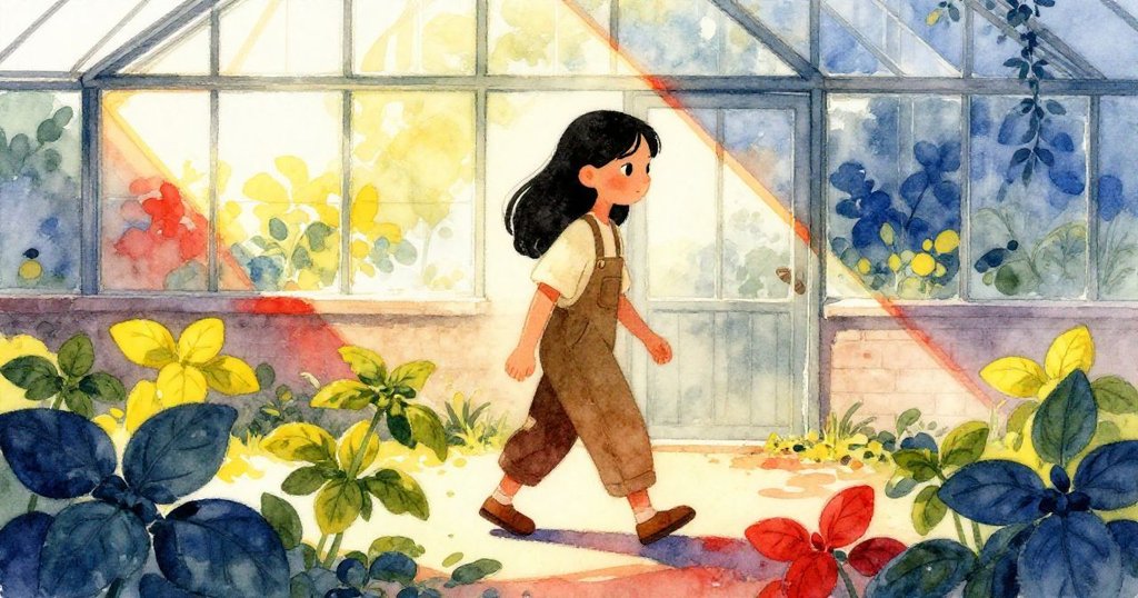 Mira在庭院中與溫室玻璃反射的陽光互動，羅勒葉輕拂迎光，現出光與影交織的自然之舞。