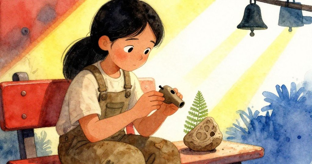 Mira坐在長椅旁，仔細比對陶笛與蕨紋碎片，輕拂袖上灰塵，遠處鐘聲迴響，溫柔告別完成歷程。