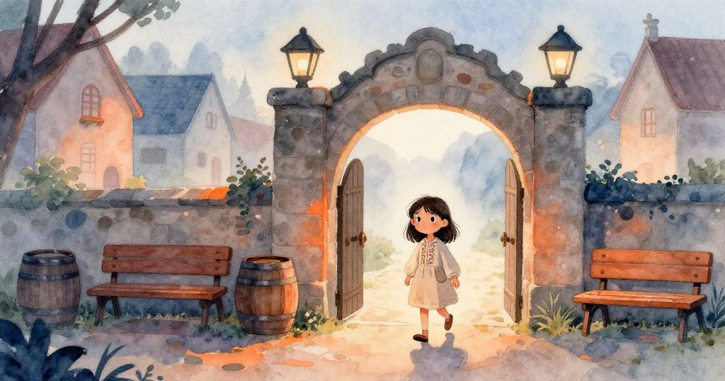 米拉穿過古老村門踏入朦朧晨霧中的廣場,背景有忙碌的村民和堆放的木桶,充滿溫暖希望。