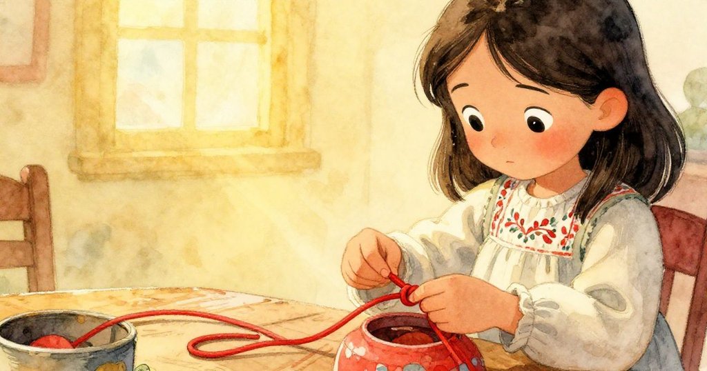 米拉細心檢查和打結備用繩索,雙手專注於繩結與木板,背景溫暖柔和,預示著準備工作的開始。