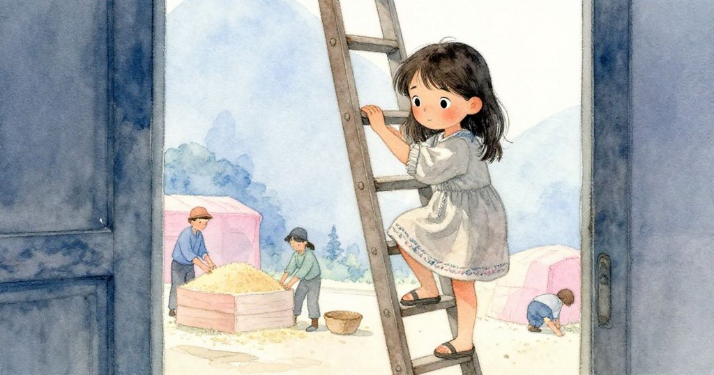 從門縫中觀察到米拉攀爬搖搖欲墜的梯子,背景中工人堆穀物,午後微光中透露出堅定與勞作。