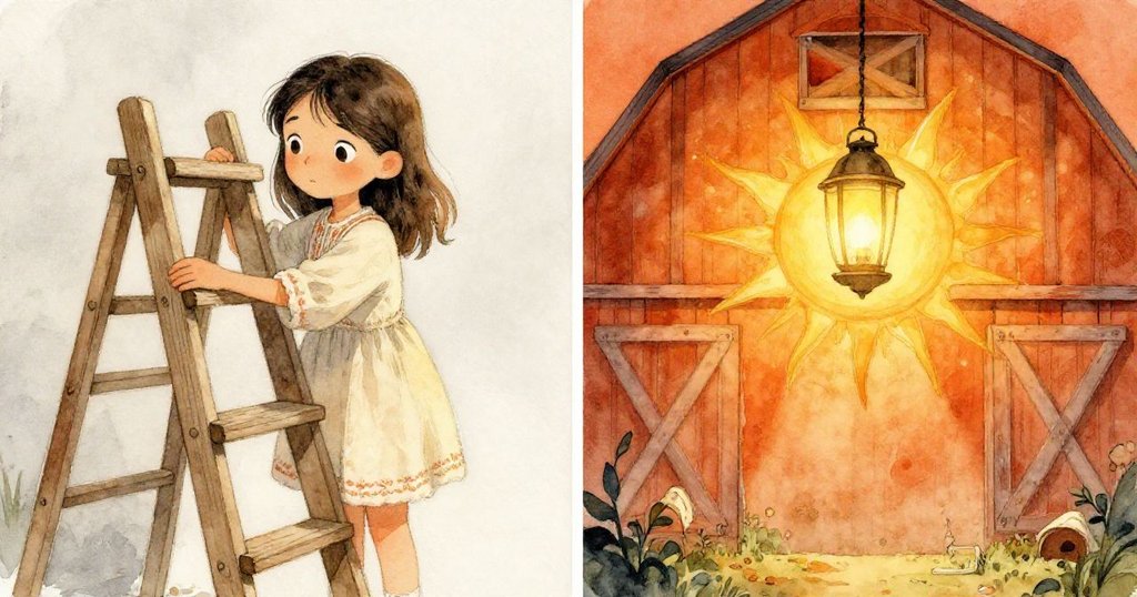 米拉分裂視界中一面修補破梯,另一面神奇燈光揭示廠房壁畫的太陽花,展現現實與夢幻交織的時刻。