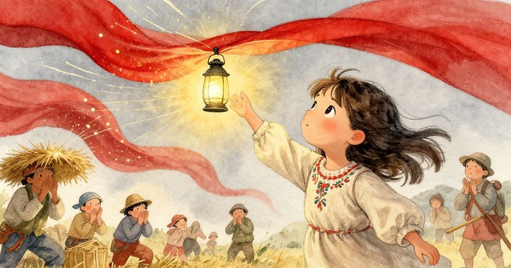 米拉正用力伸手調整燈籠繩,狂風掃起面前紗布與稻草,工人驚訝暫停,情感流露充滿活力。