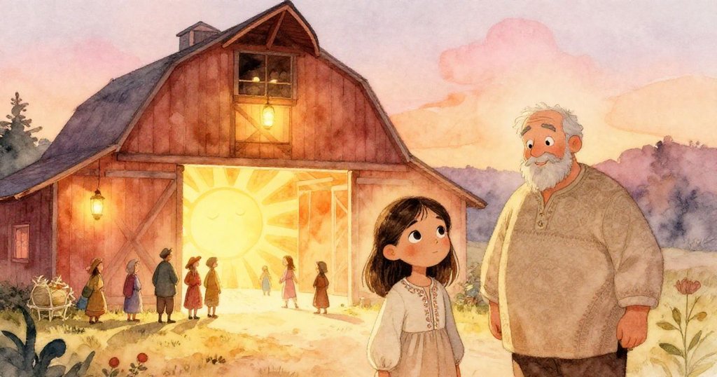 黃昏時分燈籠逐一點亮,米拉與領袖望著復甦的壁畫,村民靜默仰望,整個場景彌漫著魔幻溫暖氛圍。