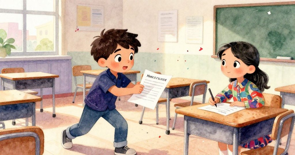 馬可將作業紙滑向卡拉，教室內夕陽灑落，桌上散落著紙片，呈現平和與期待的氛圍。