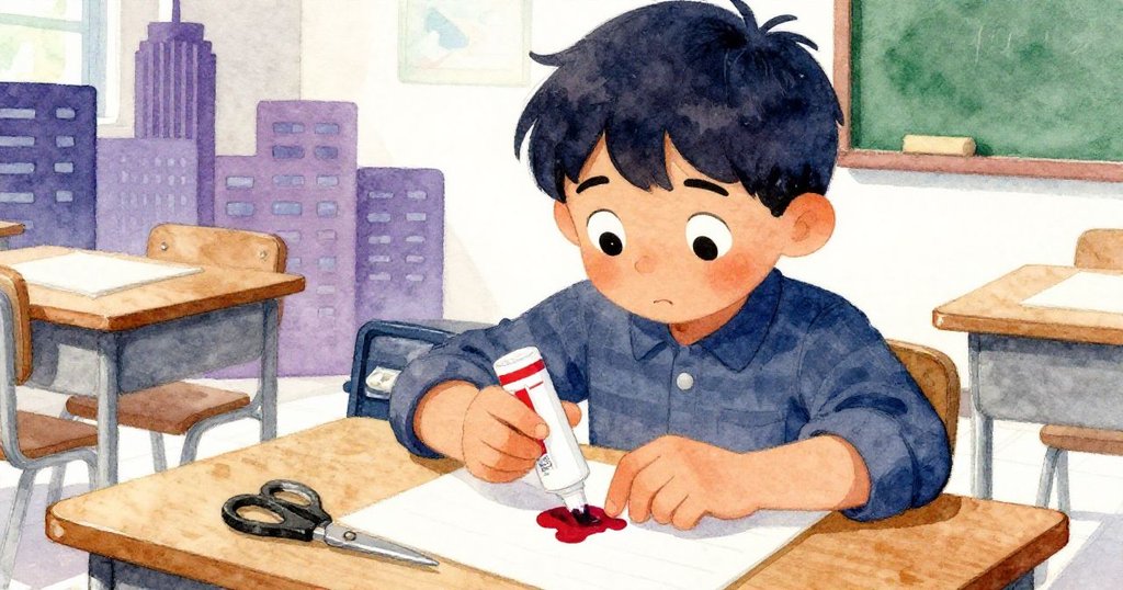 馬可仔細檢查黏膠棒，黏膠乾硬、剪刀橫置在桌上，臉上流露出困惑的表情。