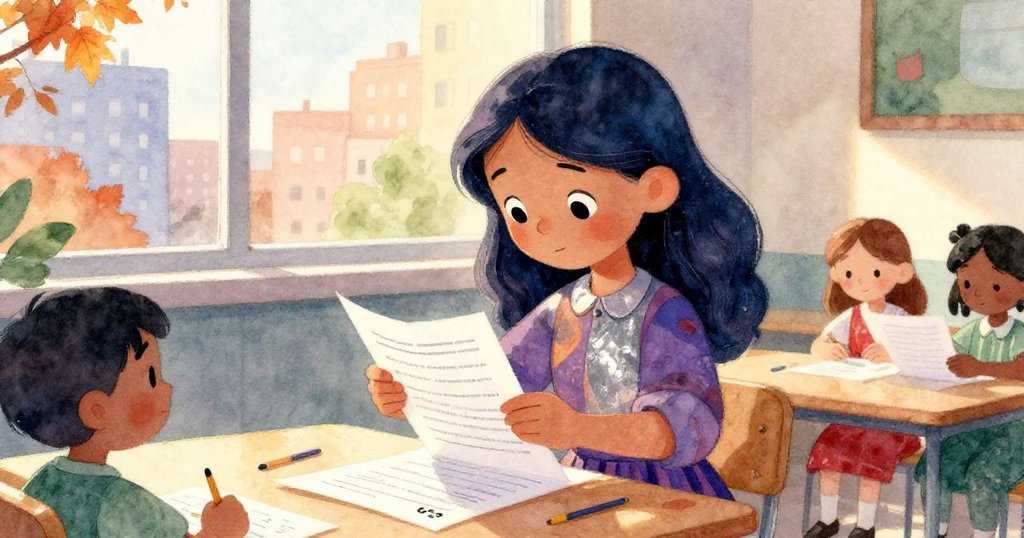 卡拉專注地折動作業紙邊，窗外秋葉輕飛，陽光柔和映照，展現出溫馨的創意時刻。