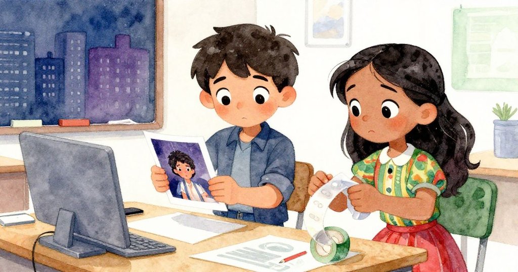 馬可與卡拉齊心協力，馬可舉起照片，卡拉撕下透明膠帶，表情堅定，克服黏膠困境。