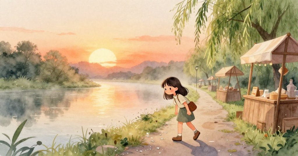 Iris沿著灑滿晨露的小徑前行，懷抱素描本，背景為柳樹、木攤，神情專注欣賞晨光自然景致。