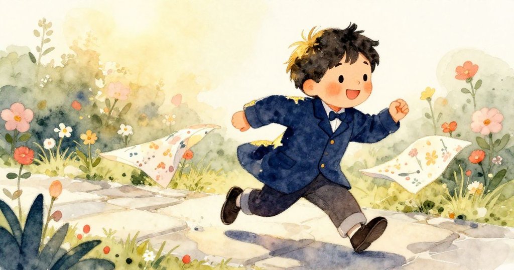 Oren急追從石上滾落進花叢的圖案布料，衣袍隨風飛舞，背景為早市石徑與盛花，神態活潑愉悅。