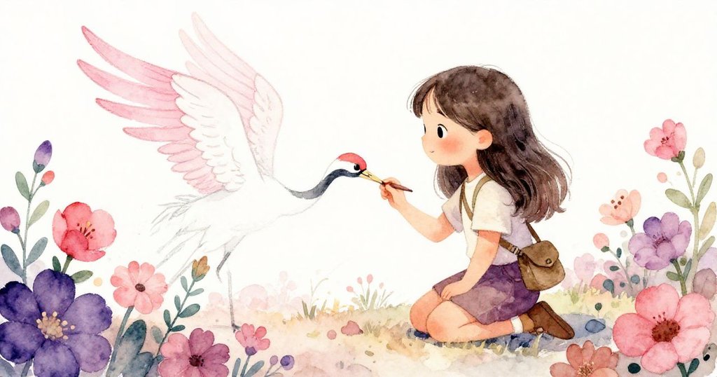 Iris蹲身於花叢邊撿布料，不慎筆尖滑落於素描本留下一道似鶴翼之線，神情中透出驚喜與創意感動。